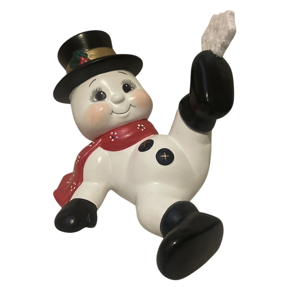 Vintage Ceramic Snowman Frosty Top Hat Mica Glitter Snowflake Scarf Hand Painted